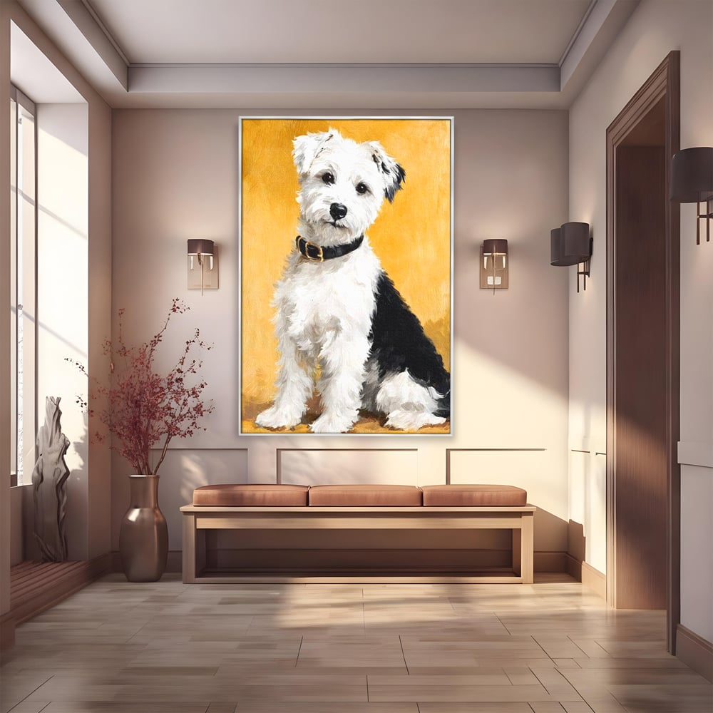 Tablou canvas cu tablou canvas cu un catel pufos, in rama de aluminiu argintiu